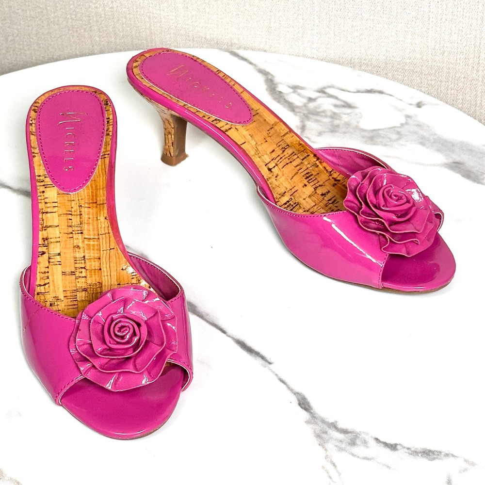 Hot Pink Patent Leather Rose Flower Kitten Heel Mule Heels Sandals 8.5M Y2K
